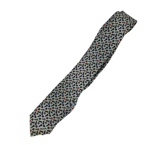 プラダ PRADA ネジ ナットデザイン 総柄 シルク ナロータイ メンズ