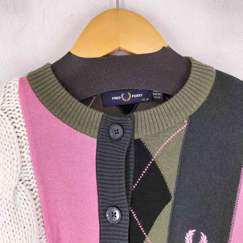 フレッドペリー FRED PERRY ワンポイント刺繍 クレイジーパターン アーガイル 切り替えニットカーディガン レディース 36