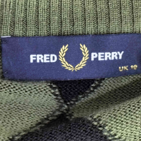 フレッドペリー FRED PERRY ワンポイント刺繍 クレイジーパターン アーガイル 切り替えニットカーディガン レディース 36