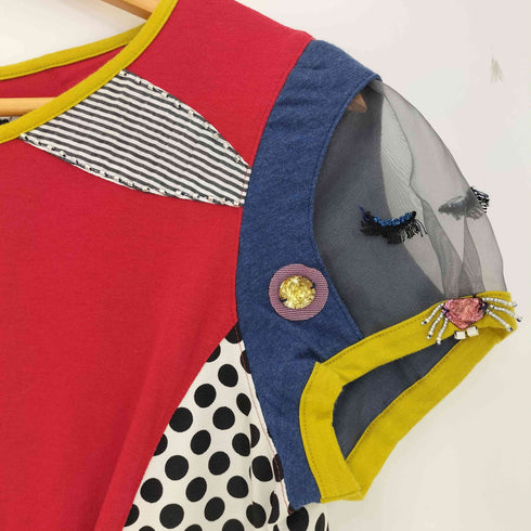 アルベロベロ OLLEBOREBLA オレボレブラ ブタさん スパンコール ビジュー装飾 シアー ドット 異素材切替 半袖チュニック レディース