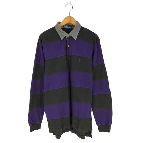 ポロバイラルフローレン Polo by RALPH LAUREN 90S ネルカラー スモールポニー刺繍 ボーダー鹿の子 L/S ポロシャツ メンズ import:L