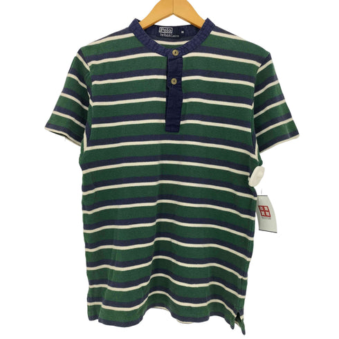 ポロバイラルフローレン Polo by RALPH LAUREN バンドカラー ヘンリーネック ボーダー S/S サーマル Tシャツ 猫目ボタン メンズ import:M