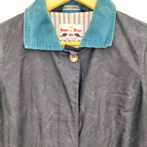 BEAVER OF BOLTON 英国製 裏地ストライプ 襟コーデュロイ オイルド ステンカラー ハーフ コート レディース 34