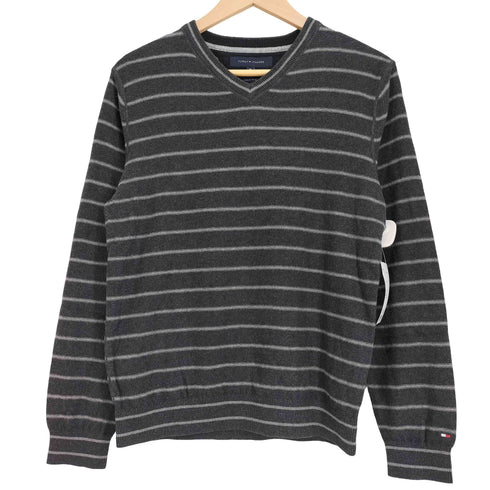 トミーヒルフィガー TOMMY HILFIGER コットン混 ウール エルボーパッチ ボーダー Vネック ニット メンズ import:M