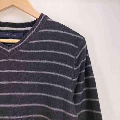 トミーヒルフィガー TOMMY HILFIGER コットン混 ウール エルボーパッチ ボーダー Vネック ニット メンズ import:M