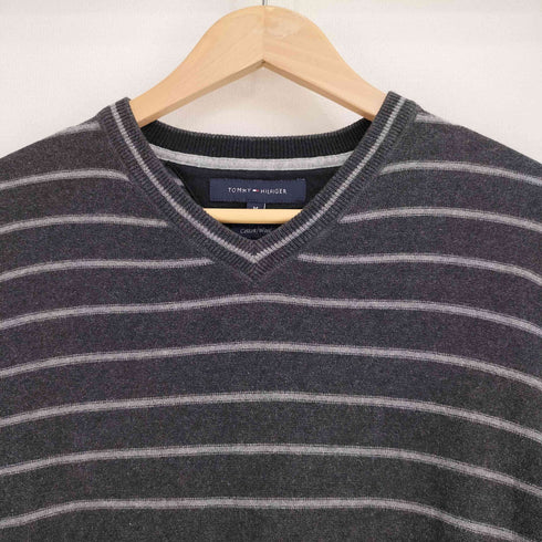 トミーヒルフィガー TOMMY HILFIGER コットン混 ウール エルボーパッチ ボーダー Vネック ニット メンズ import:M