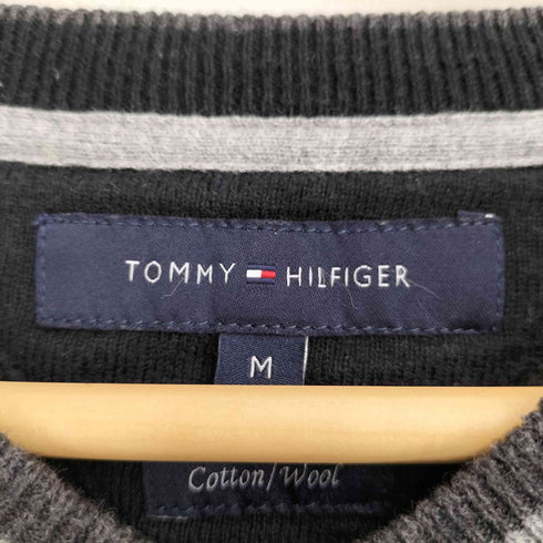 トミーヒルフィガー TOMMY HILFIGER コットン混 ウール エルボーパッチ ボーダー Vネック ニット メンズ import:M