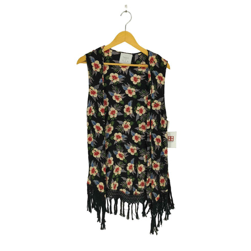 ザラ ZARA ボタニカル柄 フリンジロングベスト レディース import:M