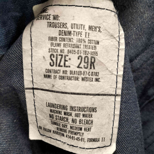 ユーエスネイビー U.S.NAVY 80S IDEALジップ UTILITY TROUSERS DENIM-TYPE 2 ユーティリティー デニム トラウザーズ ブーツカット パンツ 1987年製 メンズ 29R