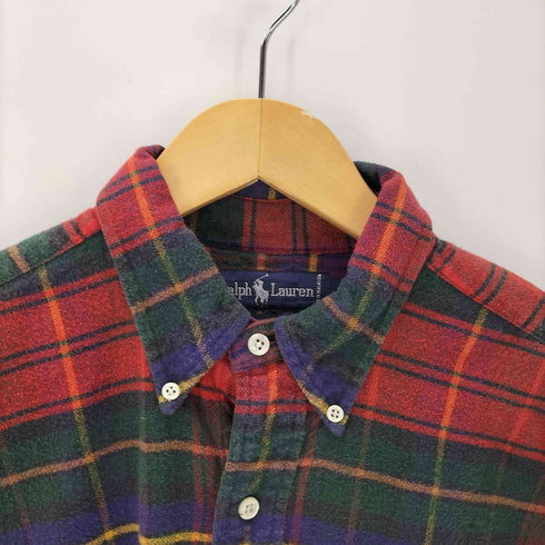 ラルフローレン RALPH LAUREN 90S 外付けタグ ポニー 刺繍 マルチカラー ボタンダウン L/S チェック フランネル シャツ メンズ import:M