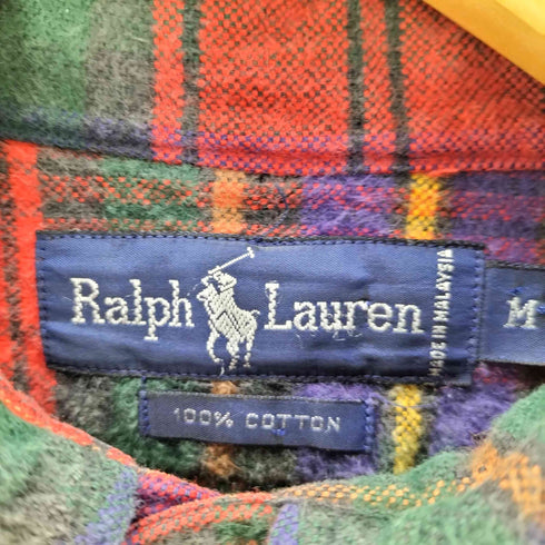 ラルフローレン RALPH LAUREN 90S 外付けタグ ポニー 刺繍 マルチカラー ボタンダウン L/S チェック フランネル シャツ メンズ import:M