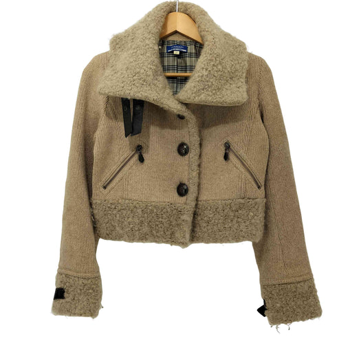バーバリーブルーレーベル BURBERRY BLUE LABEL 裏地ノバチェック 短丈 ボア ウール ニットジャケット レディース EUR:38