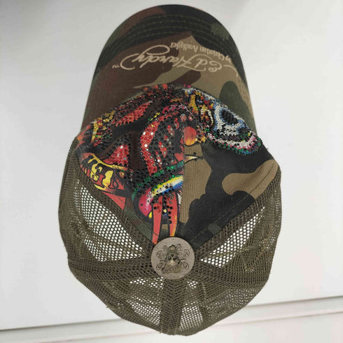 エドハーディー Ed Hardy Y2K 迷彩 ウッドランドカモ ラメ ドクロ クロスボーン メダル 刺繍 トラッカー グランジ メッシュ キャップ メンズ
