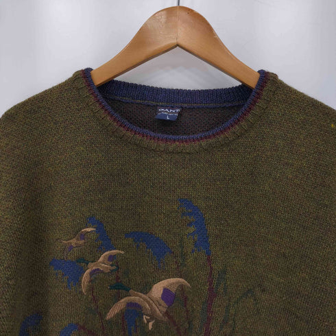 ガント GANT 90s イタリア製 総柄 アニマル刺繍 クルーネックニットセーター メンズ L