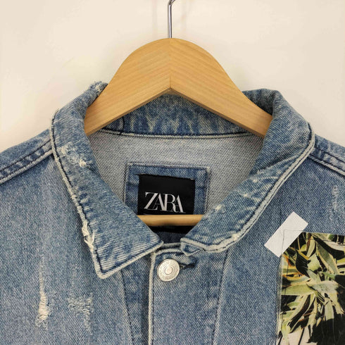 ザラ ZARA フォトワッペン メッセージプリント ダメージ デニムジャケット メンズ import:M