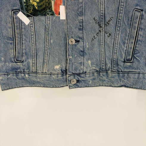 ザラ ZARA フォトワッペン メッセージプリント ダメージ デニムジャケット メンズ import:M