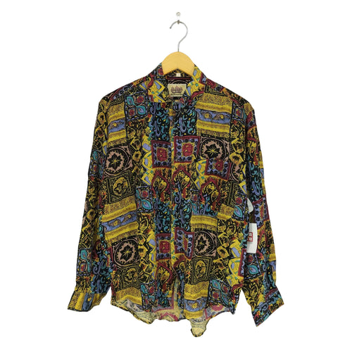 イラストデザイン総柄レーヨンシャツ メンズ S