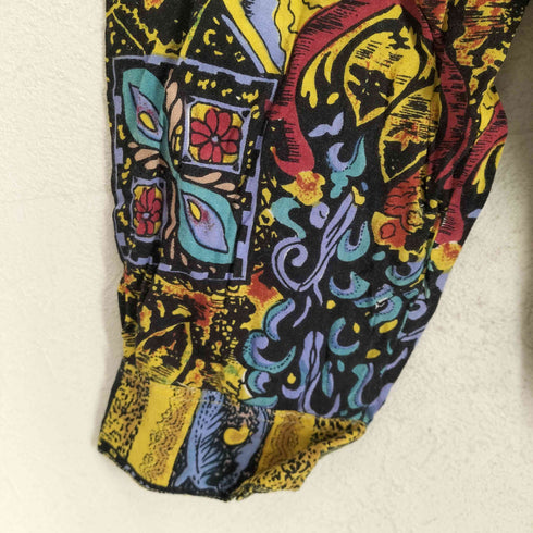 イラストデザイン総柄レーヨンシャツ メンズ S