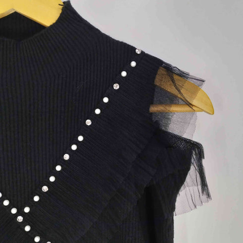 CAWAII 24AW 重なるようなチュールフリルとビジューのリブニットカットソートップス レディース