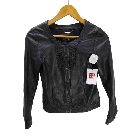 トゥービーバイアニエスベー To b. by agnes b. 90S Lamb Leather Jacket サンライズ期 裏地水玉 ドット レース装飾 羊革 ノーカラー ラムレザー ジャケット レディース FR:36