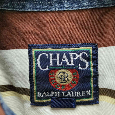 チャップスラルフローレン CHAPS RALPH LAUREN 80S エンブレム ロゴ 刺繍 ボタンダウン ストライプ L/S シャツ メンズ import:L