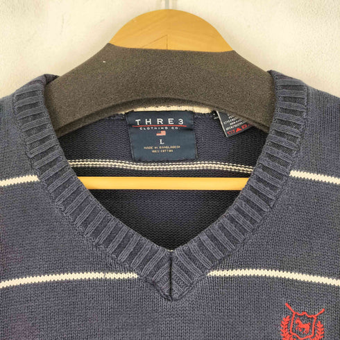 THRE3 90S ロゴ刺繍 ボーダー Vネックセーター メンズ import:L