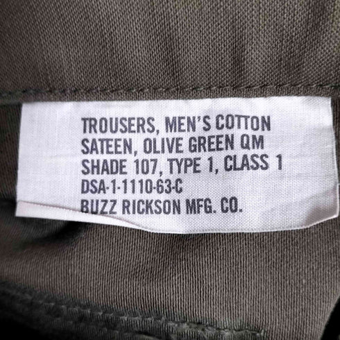 バズリクソンズ BUZZ RICKSONS TROUSERS MEN'S COTTON SATEEN OLIVE GREEN QM SHADE 107 TYPE-I CLASS メンズ JPN:L