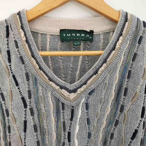 ツンドラ tundra 90s カナダ製 マルチストライプ Vネック 3D ニット メンズ import:XL