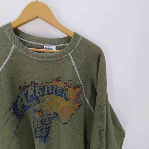 ヘインズ Hanes 80-90S USA製 WAKE UP AMERICA プリント ステッチ ラグラン スウェット トレーナー メンズ import:XL