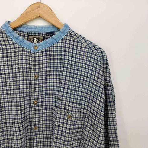 BON HOMME 90-00S 襟 デニム チェック 柄 L/S バンドカラー ネル シャツ メンズ import:XL