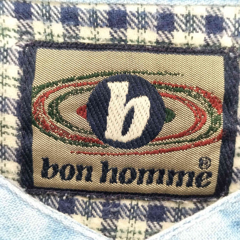BON HOMME 90-00S 襟 デニム チェック 柄 L/S バンドカラー ネル シャツ メンズ import:XL