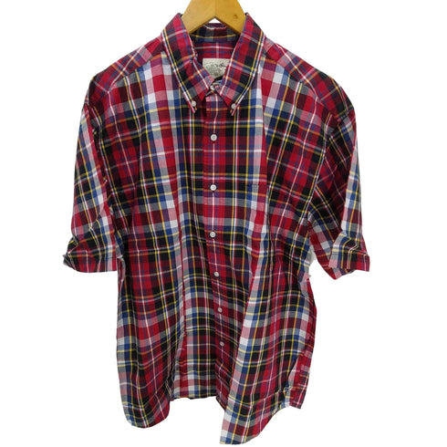 エディーバウアー Eddie Bauer 90-00S 白タグ マドラスチェック ボタンダウン S/S シャツ メンズ import:L