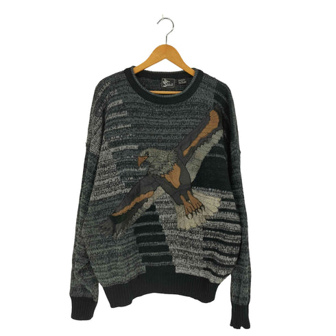 Alan Stuart 鷲 アニマル刺繍 切替 アクリル クルーネック ニット メンズ import:XL