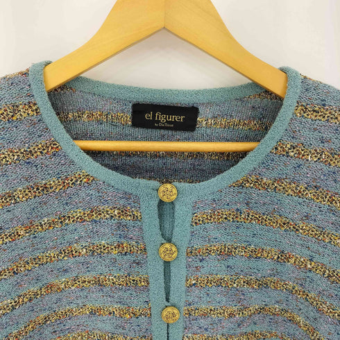 el figurer 金ボタン ショルダーパッド ボーダーラメ ツイード ノーカラージャケット レディース LL
