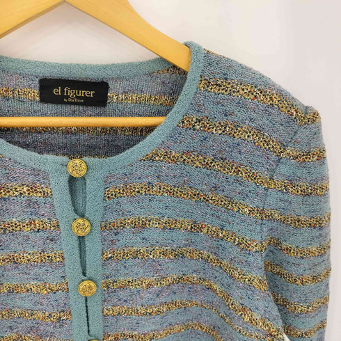 el figurer 金ボタン ショルダーパッド ボーダーラメ ツイード ノーカラージャケット レディース LL