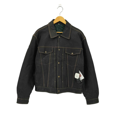 ステッチワーク フェイクレザー クロップド丈 裏地キルティング トラッカージャケット メンズ L