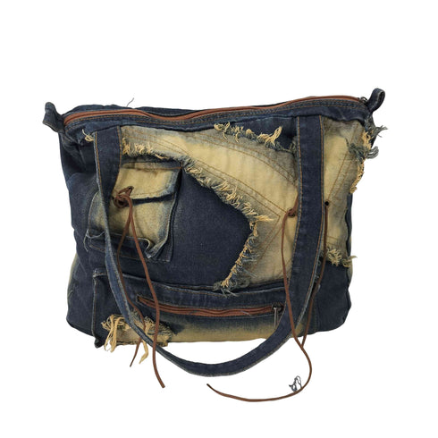 Y2K ダメージ パッチワークデザイン デニム トートバッグ レディース