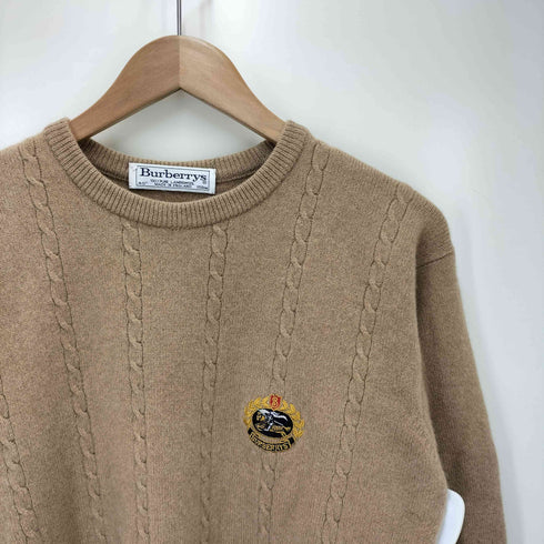 バーバリーズ BURBERRYS イングランド製 クレスト刺繍 ピュアラムウール ケーブル クルーネックニット レディース 40