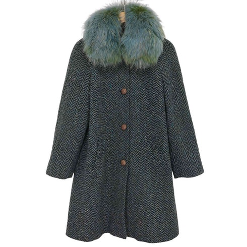 NINETEEN SEVENTY ファー付き ヘリンボーン ウッドボタン ウールコート レディース