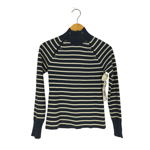 ラルフローレン RALPH LAUREN オープンネック モックネック ネコ目ボタン ボーダーニット レディース import:M