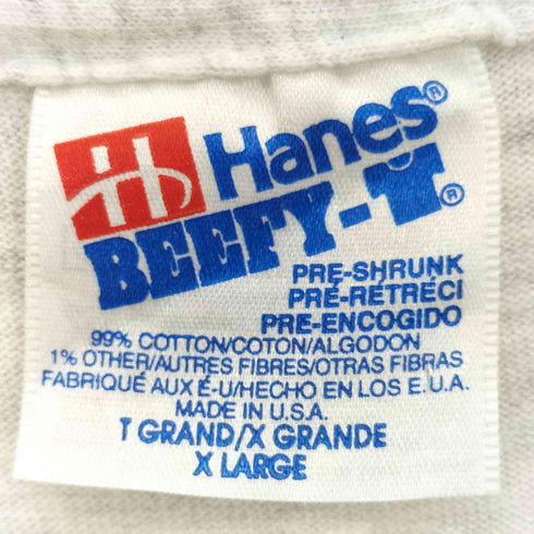 ヘインズ Hanes 90s USA製 BEEFY 袖裾シングルステッチ メッセージプリント 霜降り クルーネック半袖Tシャツ メンズ import:XL