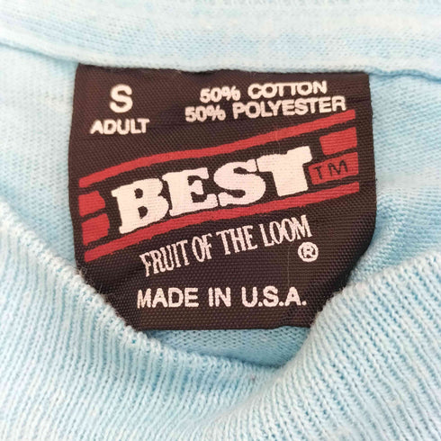 フルーツオブザルーム FRUIT OF THE LOOM 90s USA製 BEST 袖裾シングルステッチ OMERMANIACS プリント クルーネック半袖Tシャツ メンズ import:S