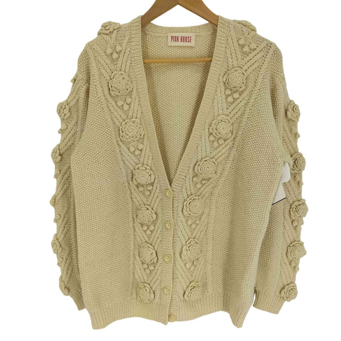 ピンクハウス PINK HOUSE 薔薇型 ボンボン クルーネック ニット カーディガン レディース