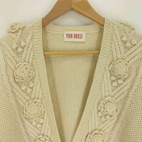 ピンクハウス PINK HOUSE 薔薇型 ボンボン クルーネック ニット カーディガン レディース