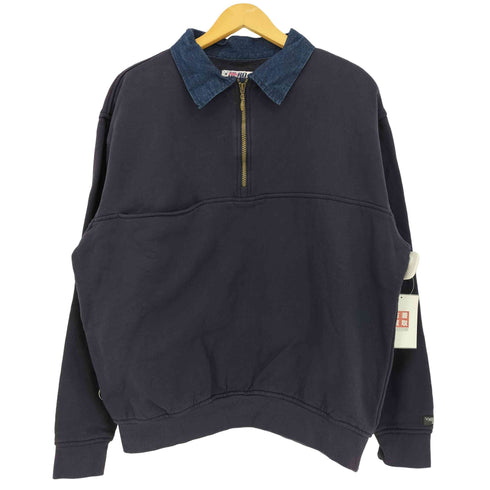 HERO 247.COM 90-00s 襟デニム切替 エルボーパッチ ハーフジップスウェット プルオーバー メンズ import:XL