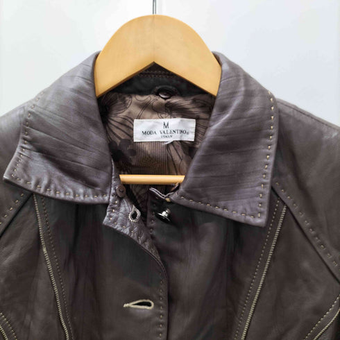 Lamb Leather Lacket 裏地総柄 ステッチ デザイン 羊革 ラムレザー シングル ライダース ジャケット レディース import:M