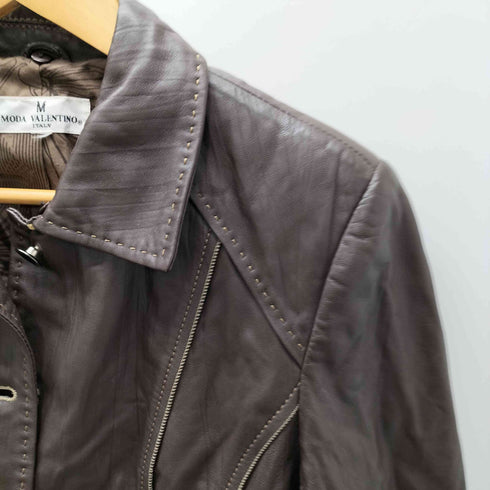 Lamb Leather Lacket 裏地総柄 ステッチ デザイン 羊革 ラムレザー シングル ライダース ジャケット レディース import:M