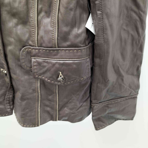 Lamb Leather Lacket 裏地総柄 ステッチ デザイン 羊革 ラムレザー シングル ライダース ジャケット レディース import:M