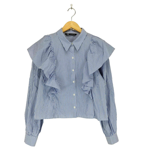 ザラ ZARA フリル クロップド ストライプ L/S シャツ ブラウス レディース import:M