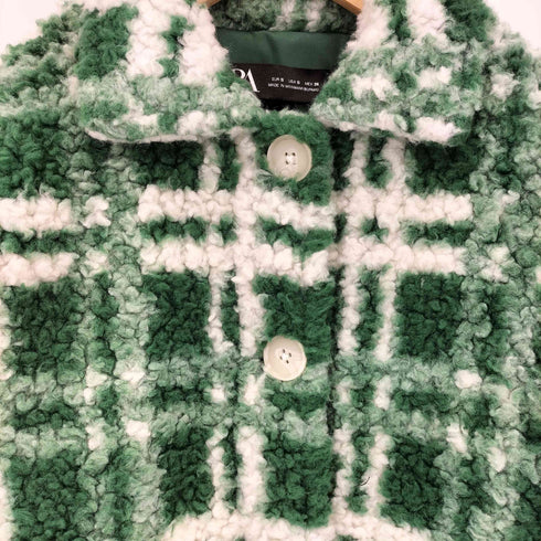 ザラ ZARA グリーンチェック クロップド丈 ボアジャケット レディース import:S